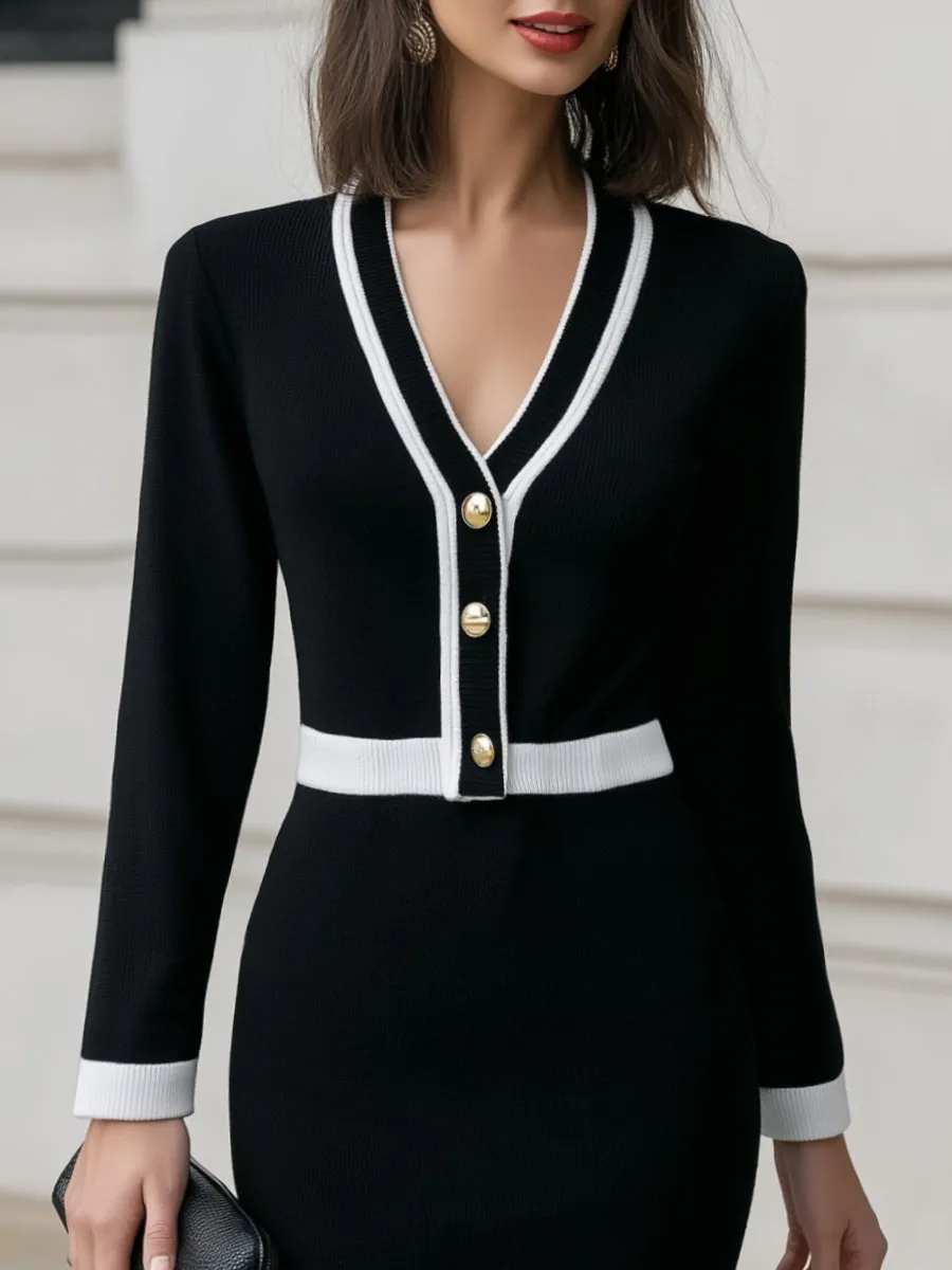 Front Buttons Contrast Trim Knit V-Neckline Dress sold by Mooyius product image thumbnail 2