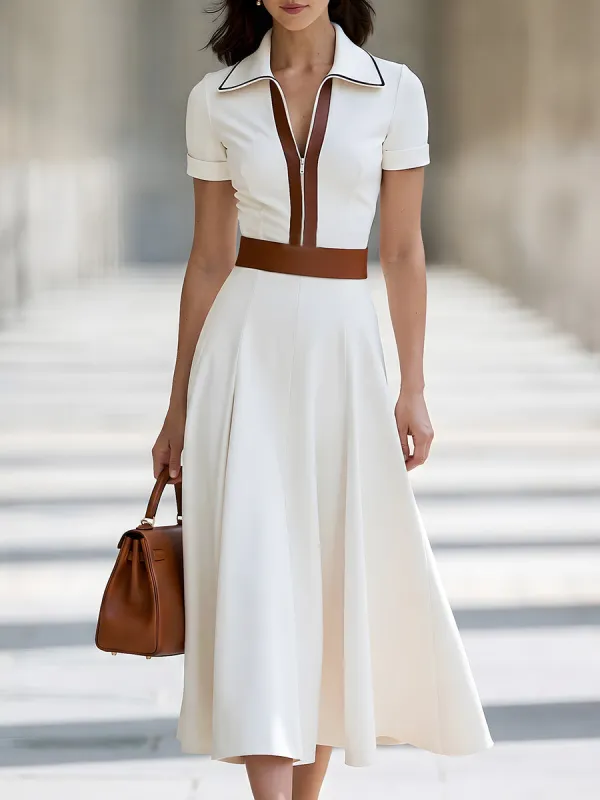 Contrast-Trim Zip-Front A-Line Midi Dress made by Mooyius