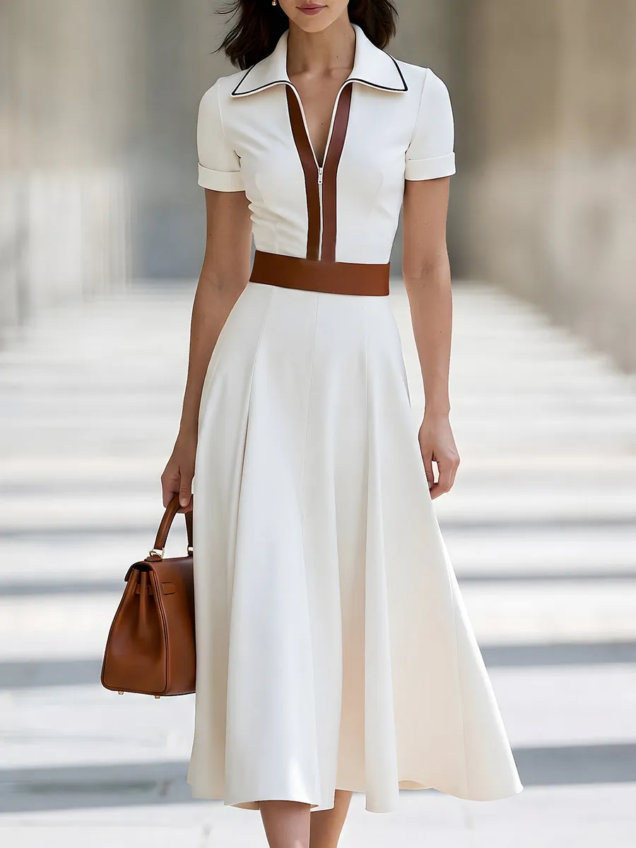 Contrast-Trim Zip-Front A-Line Midi Dress sold by Mooyius