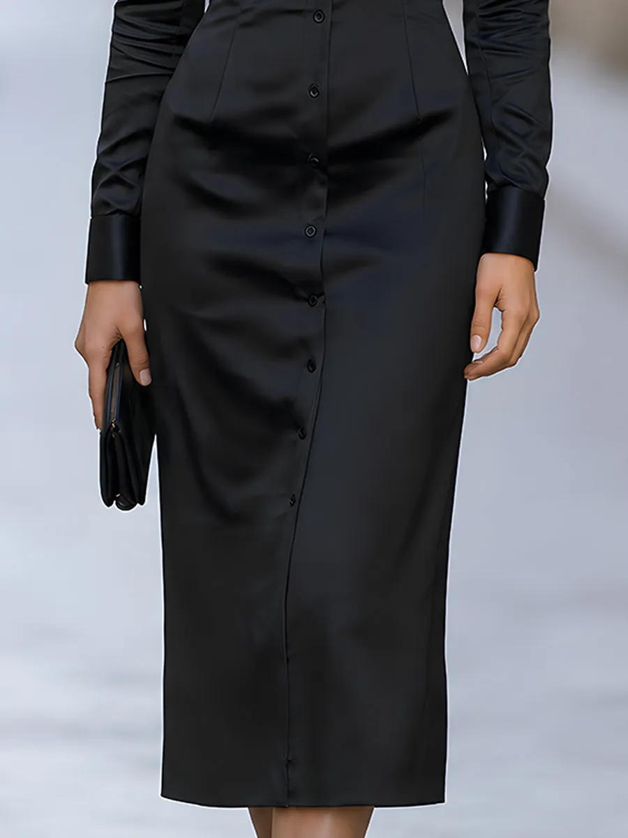 Satin Stand Collar Button-Front Midi Dress sold by Mooyius product image thumbnail 4