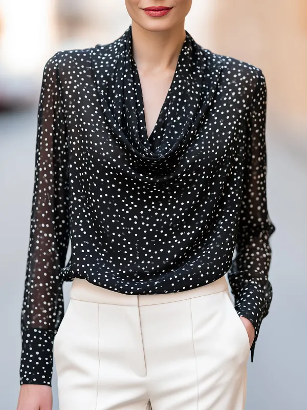 Polka Dot Cowl Neck Long Sleeve Chiffon Blouse made by Mooyius