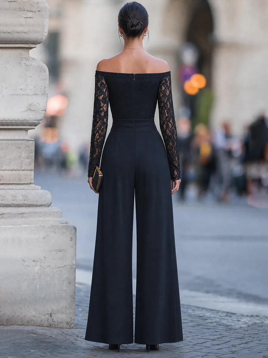 Off-Shoulder Lace-Sleeve Wide-Leg Jumpsuit sold by Mooyius product image thumbnail 5