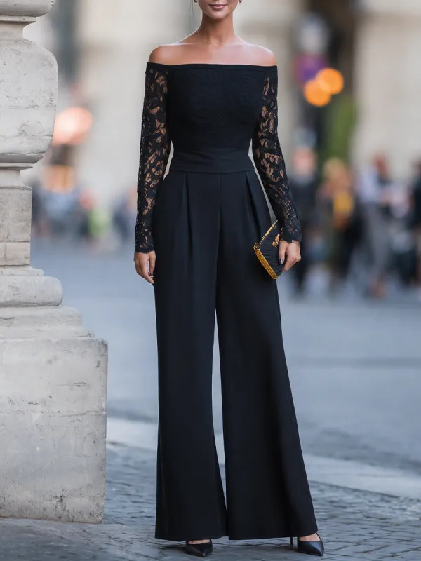 Off-Shoulder Lace-Sleeve Wide-Leg Jumpsuit made by Mooyius