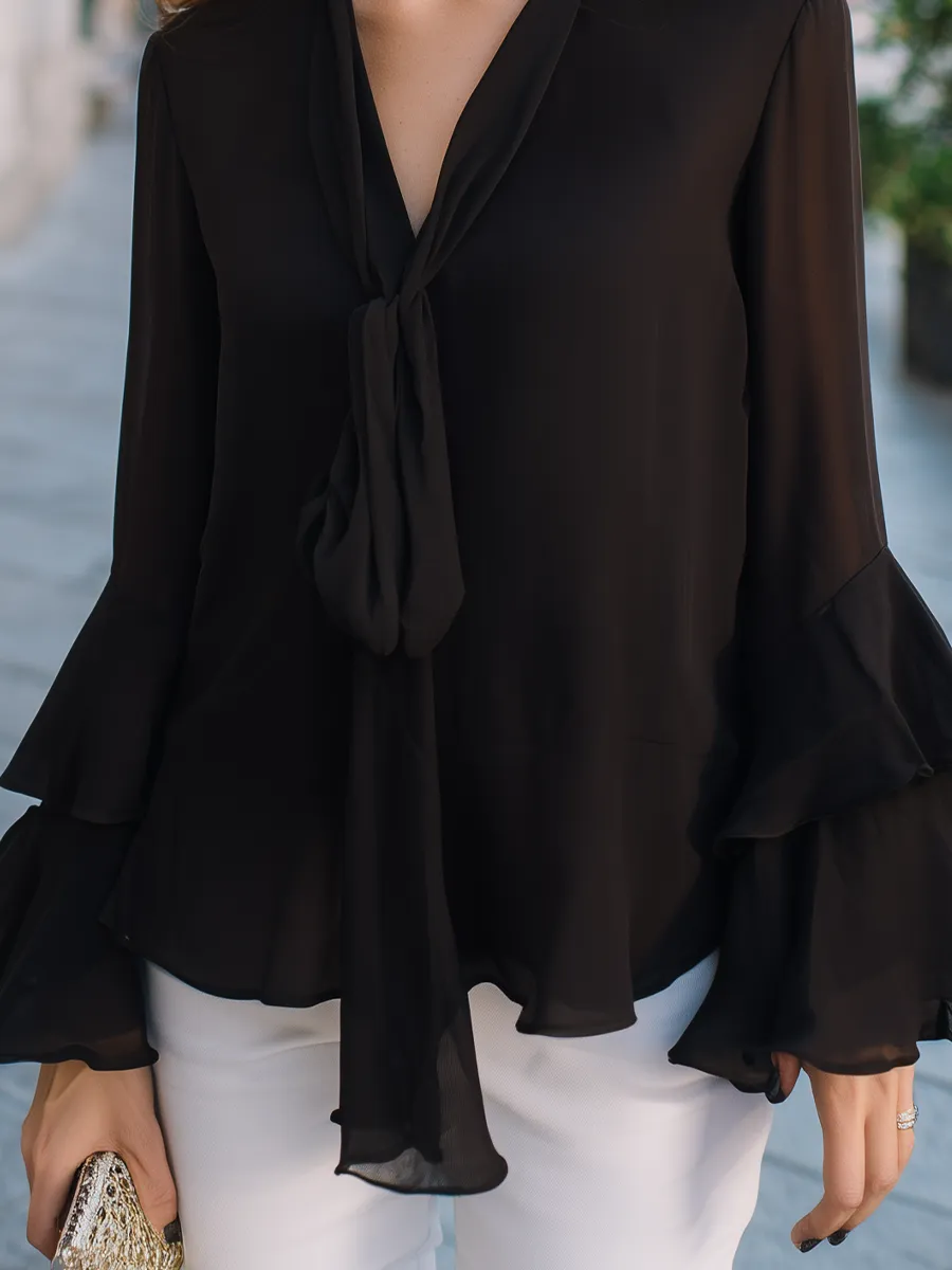 Tie-Neck Ruffle-Sleeve Flared Blouse sold by Mooyius product image thumbnail 4