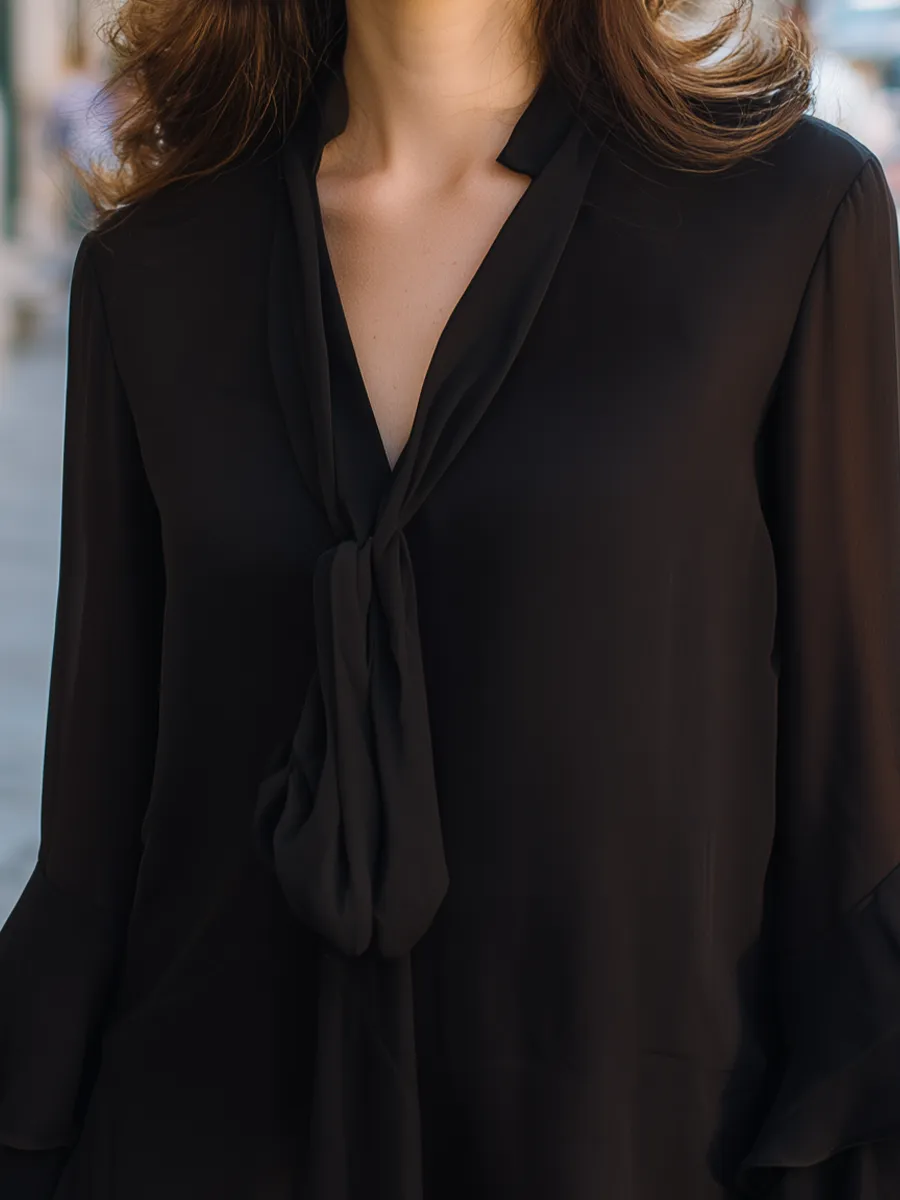 Tie-Neck Ruffle-Sleeve Flared Blouse sold by Mooyius product image thumbnail 3