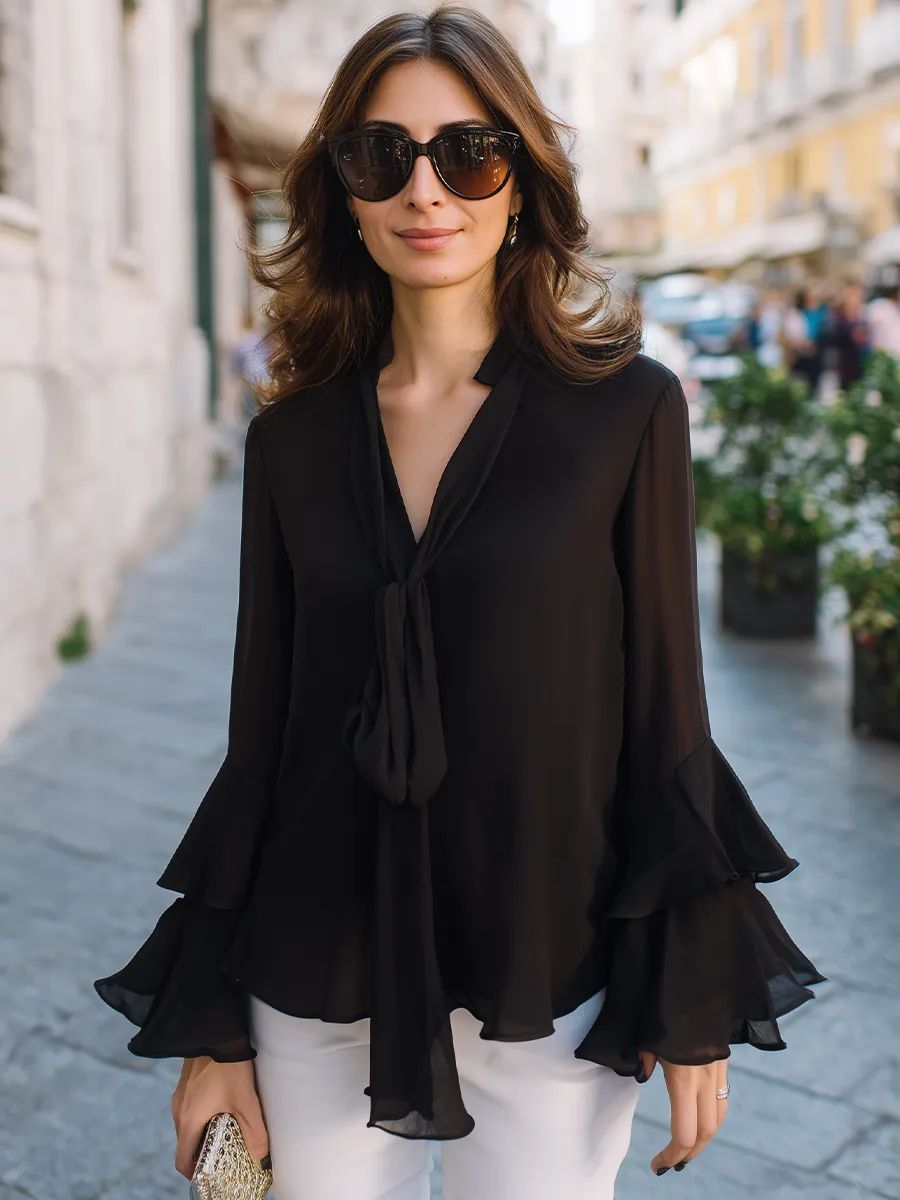 Tie-Neck Ruffle-Sleeve Flared Blouse sold by Mooyius product image thumbnail 2