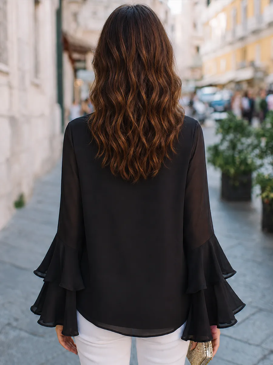 Tie-Neck Ruffle-Sleeve Flared Blouse sold by Mooyius product image thumbnail 5
