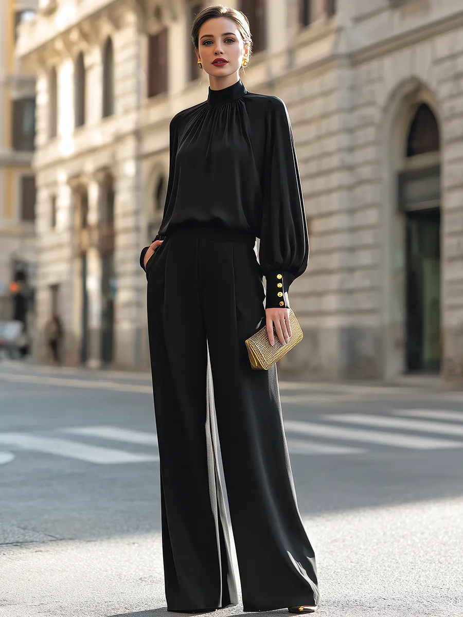 High-Neck Blouson Top And Wide-Leg Pants Set sold by Mooyius product image thumbnail 2