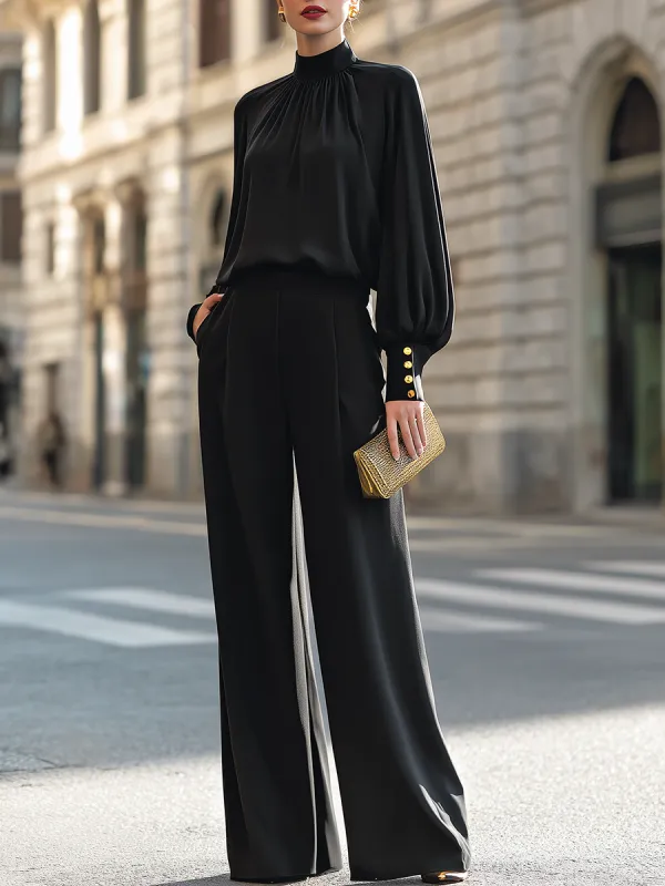 High-Neck Blouson Top And Wide-Leg Pants Set made by Mooyius