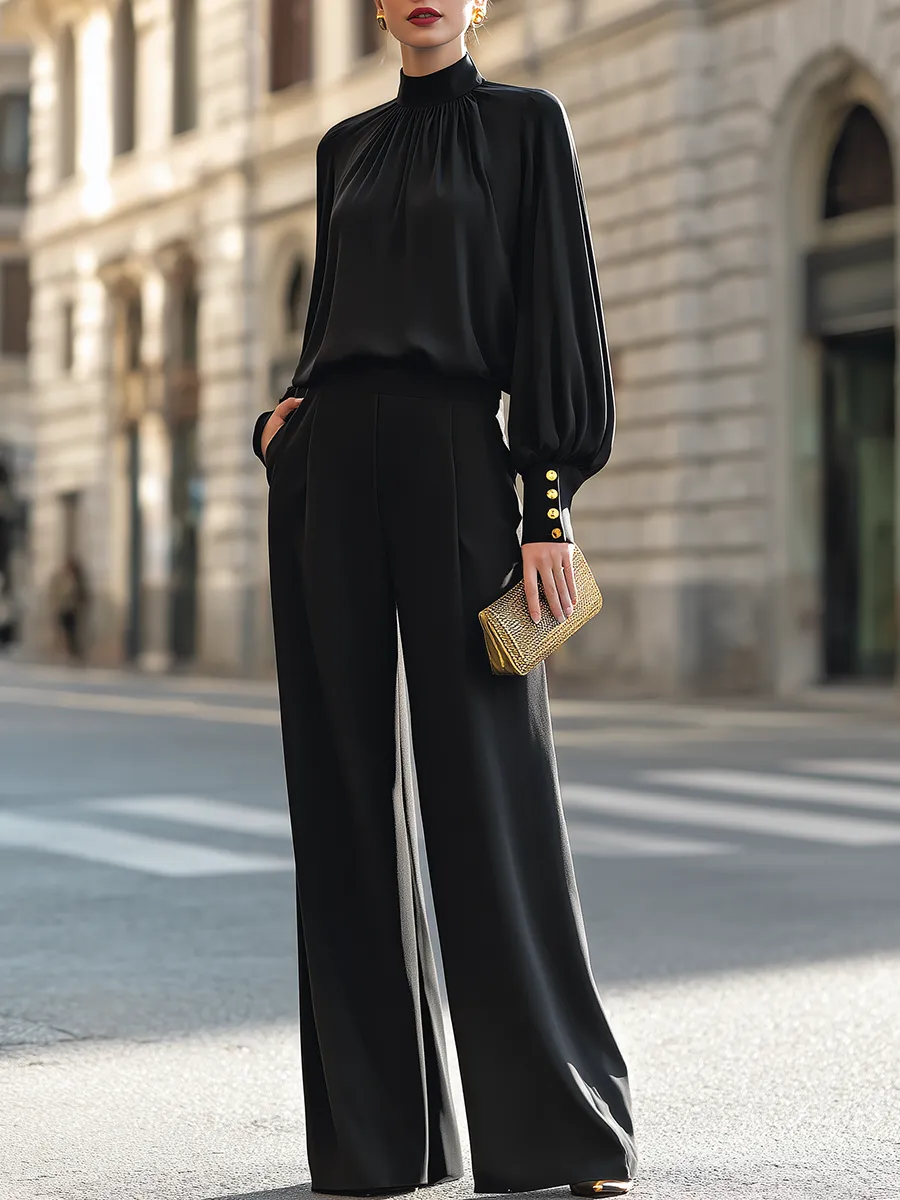 High-Neck Blouson Top And Wide-Leg Pants Set sold by Mooyius