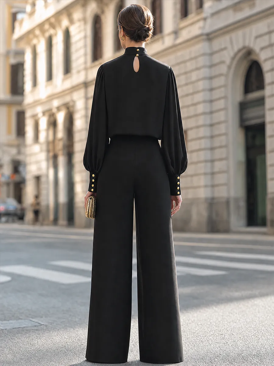 High-Neck Blouson Top And Wide-Leg Pants Set sold by Mooyius product image thumbnail 5
