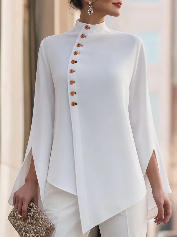 Asymmetrical Button Split Long Sleeves Blouse made by Mooyius