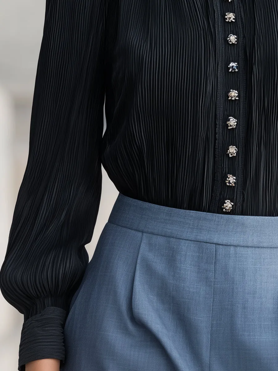 Pleated Stand Collar Front Buttons Blouse sold by Mooyius product image thumbnail 4