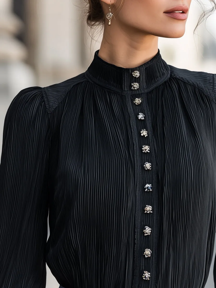 Pleated Stand Collar Front Buttons Blouse sold by Mooyius product image thumbnail 3