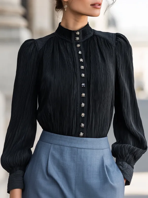 Pleated Stand Collar Front Buttons Blouse made by Mooyius