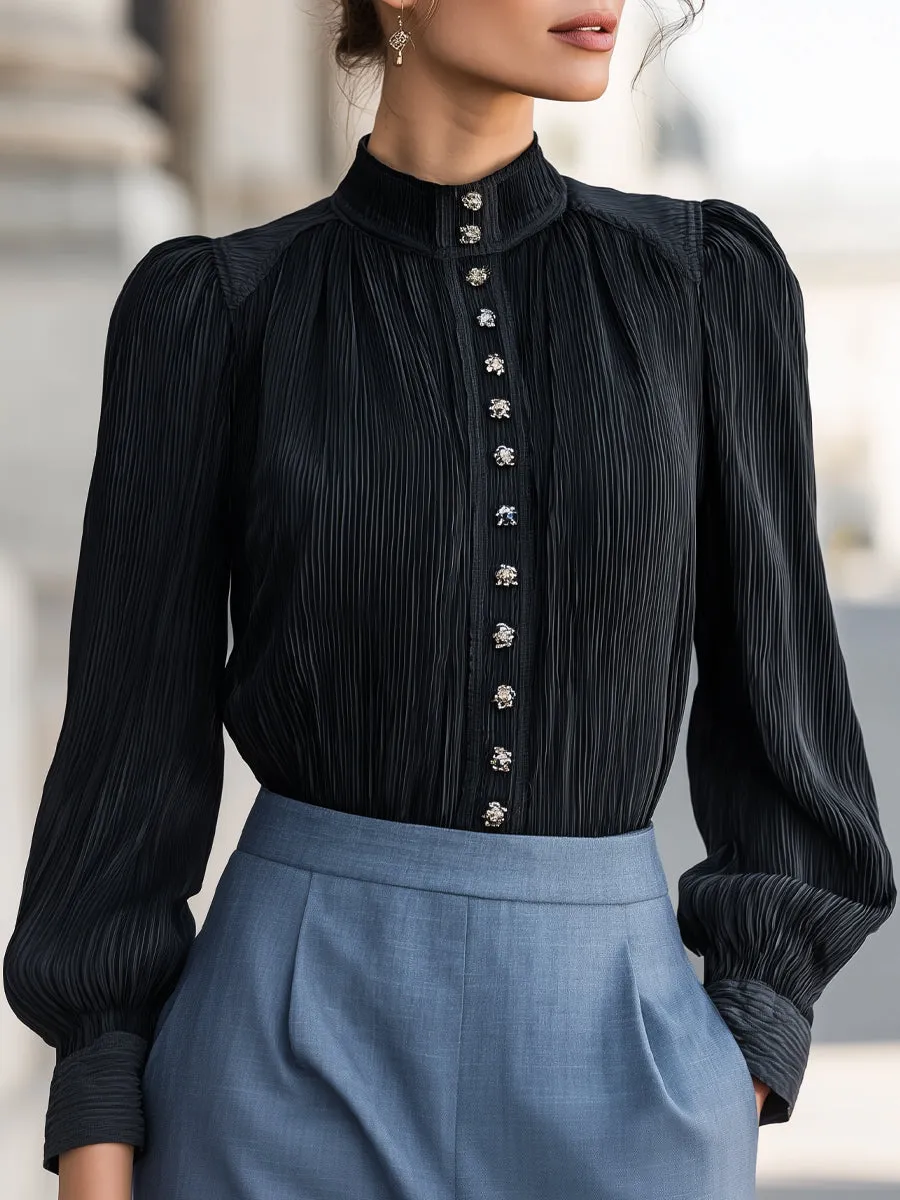 Pleated Stand Collar Front Buttons Blouse sold by Mooyius