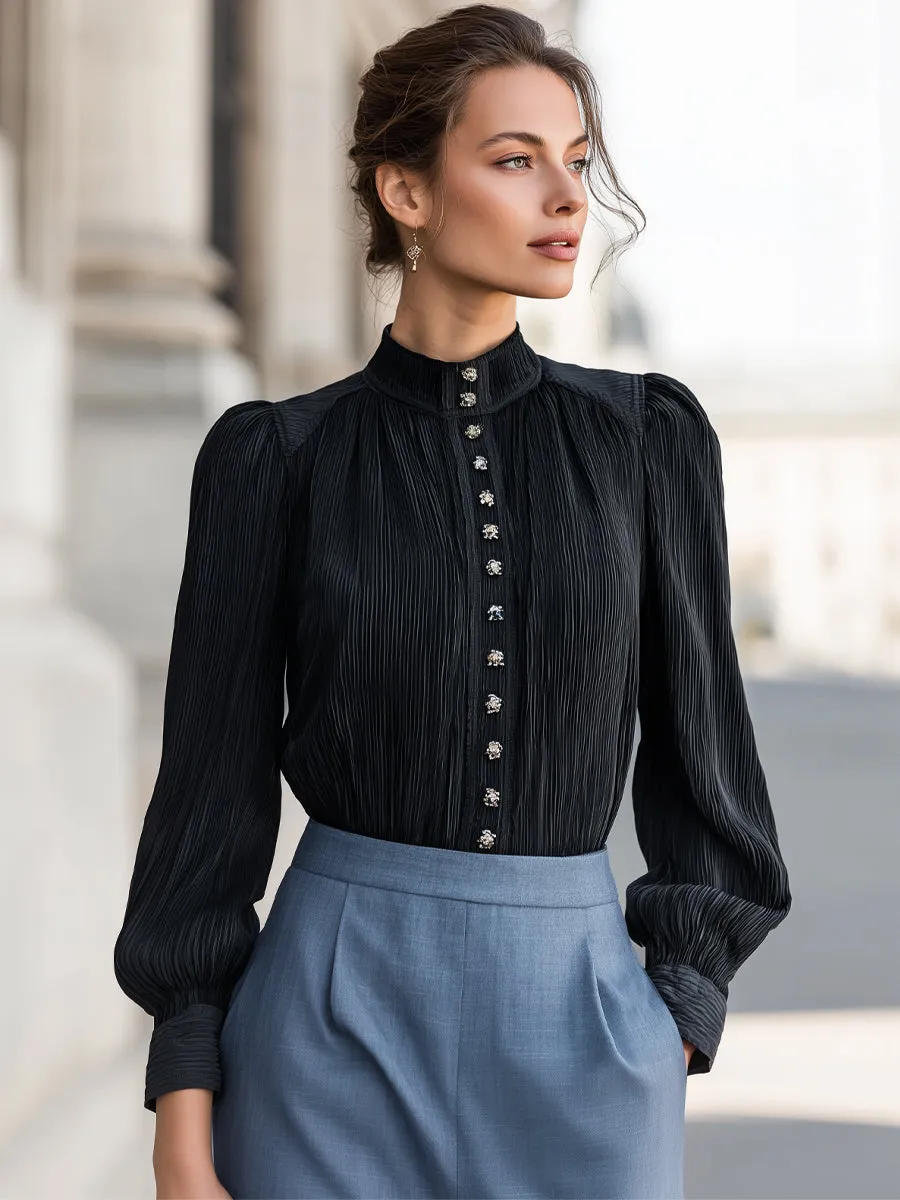 Pleated Stand Collar Front Buttons Blouse sold by Mooyius product image thumbnail 2