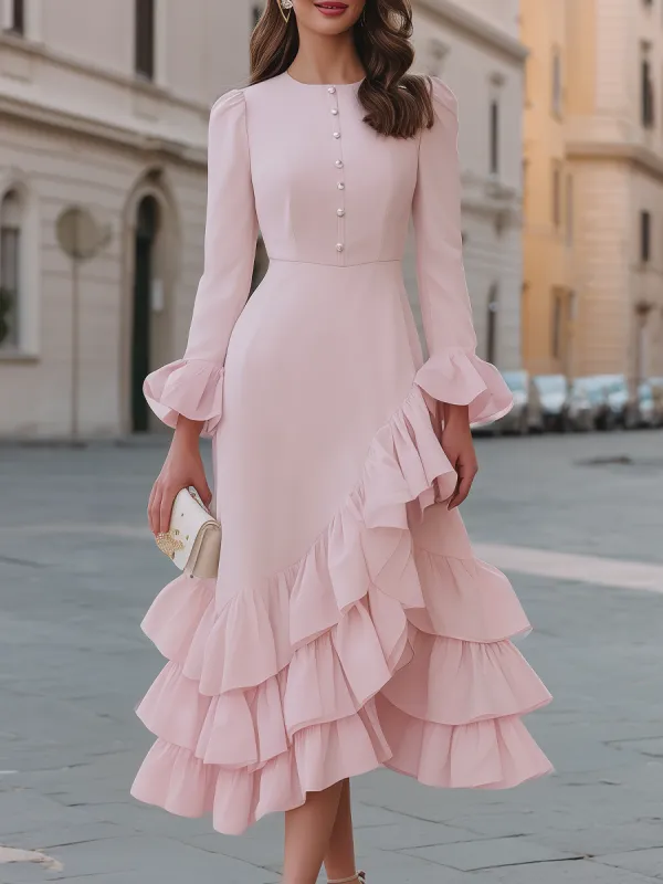 Button-Front Ruffle-Hem Midi Dress With Flounce Sleeves made by Mooyius