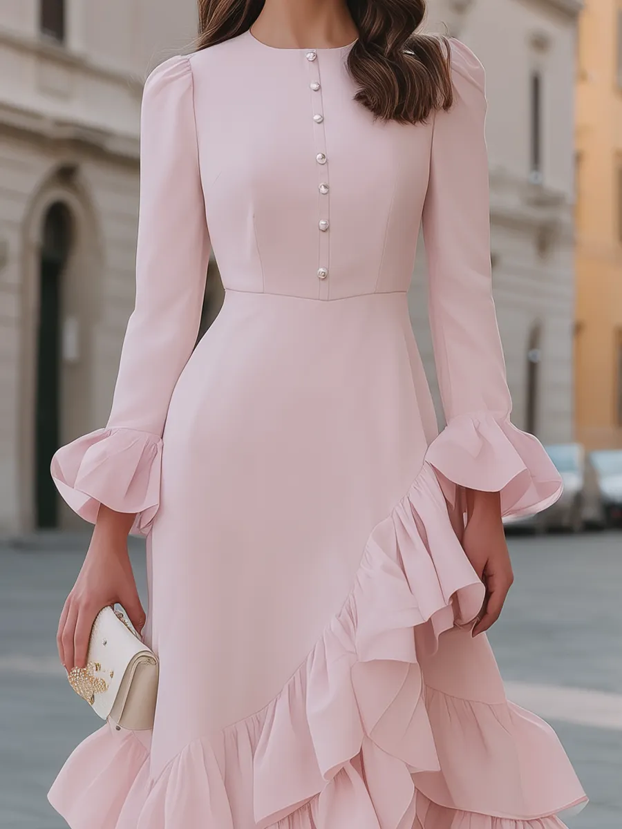 Button-Front Ruffle-Hem Midi Dress With Flounce Sleeves sold by Mooyius product image thumbnail 3