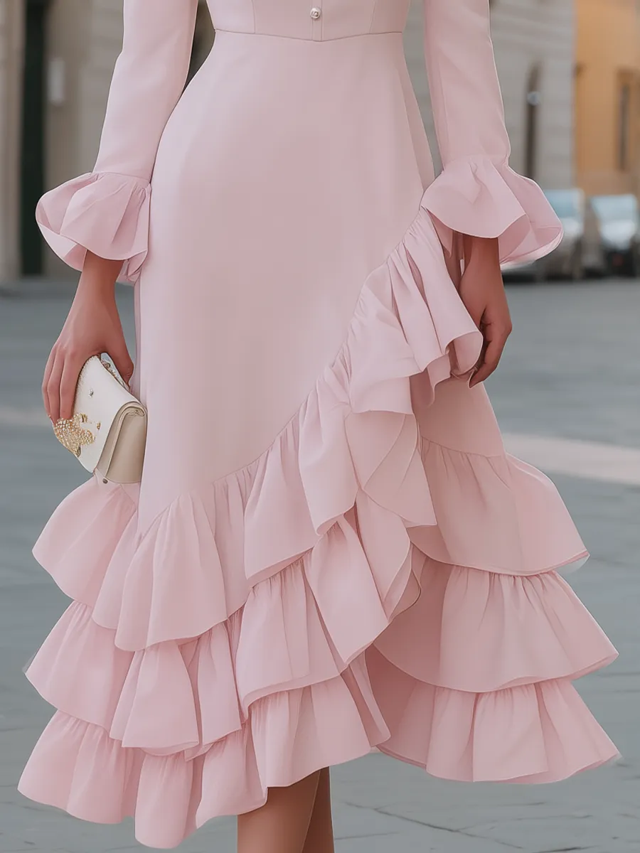Button-Front Ruffle-Hem Midi Dress With Flounce Sleeves sold by Mooyius product image thumbnail 4