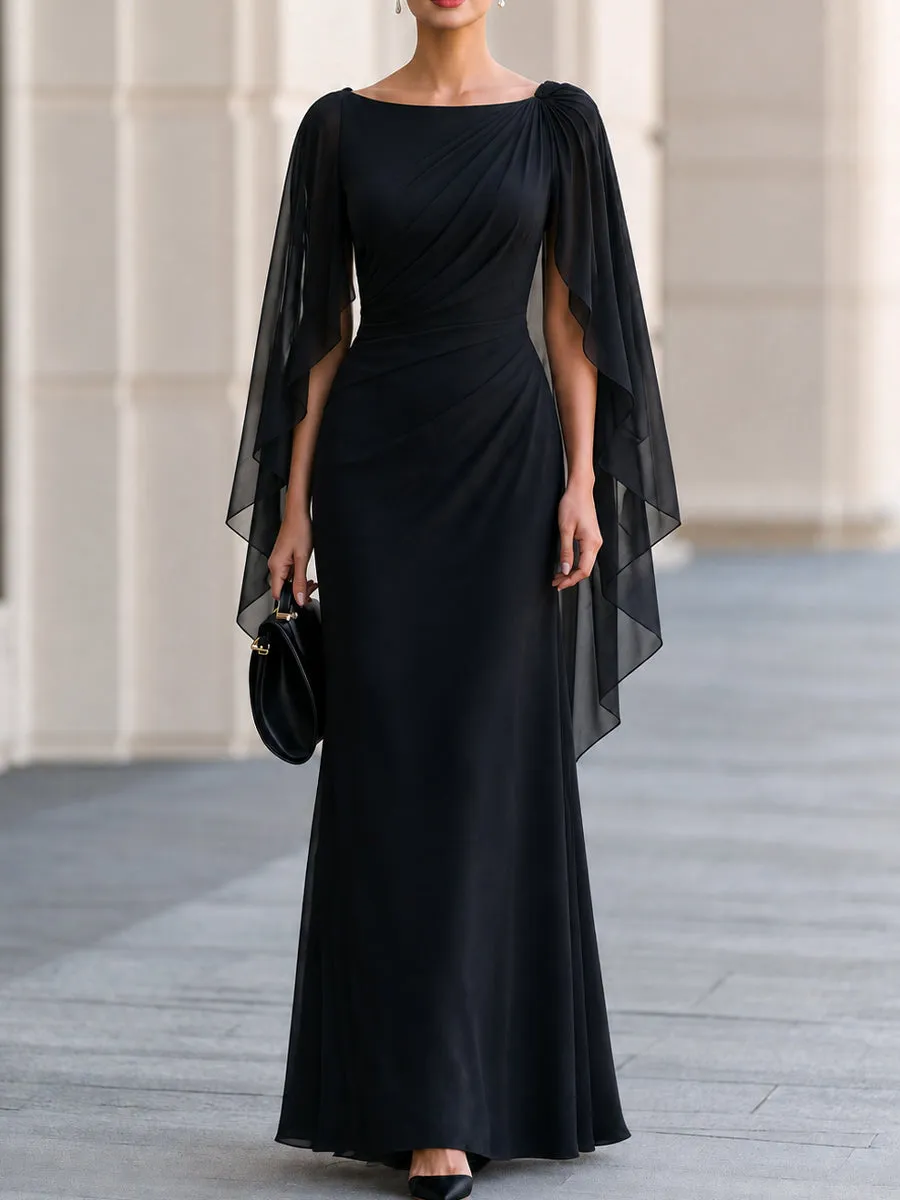 Black Boat Neck Draped Chiffon Cape Sleeve Maxi Formal Evening Gown sold by Mooyius