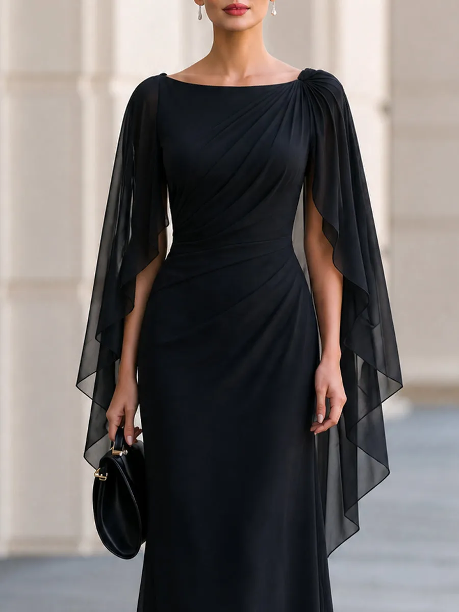 Black Boat Neck Draped Chiffon Cape Sleeve Maxi Formal Evening Gown sold by Mooyius product image thumbnail 3