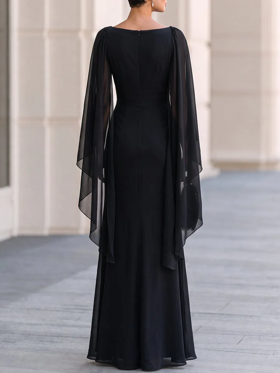 Black Boat Neck Draped Chiffon Cape Sleeve Maxi Formal Evening Gown sold by Mooyius product image thumbnail 2
