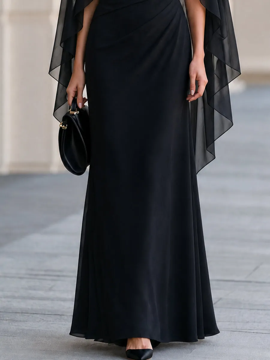 Black Boat Neck Draped Chiffon Cape Sleeve Maxi Formal Evening Gown sold by Mooyius product image thumbnail 4