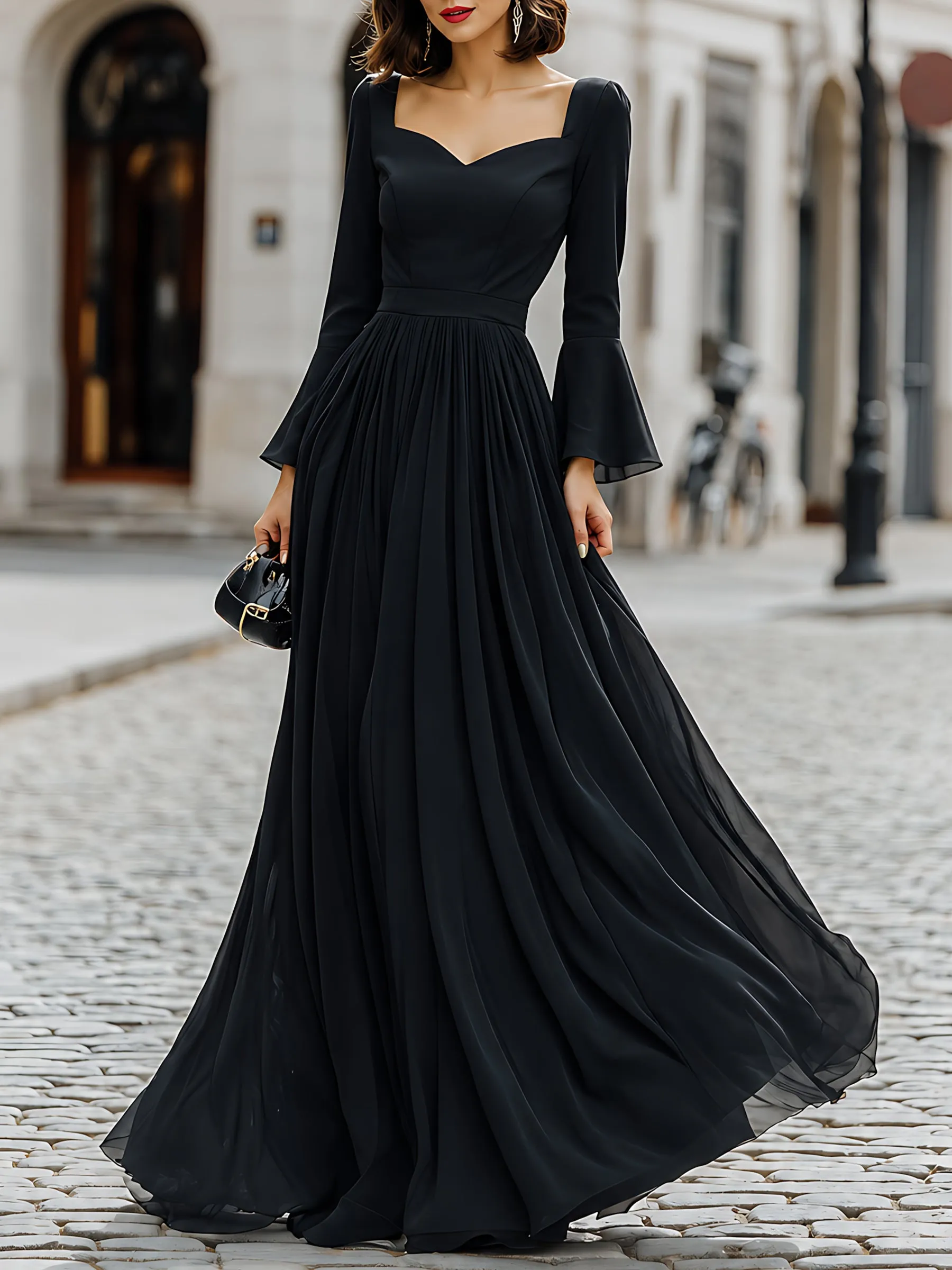 Flared-Sleeve Sweetheart-Neck Formal Maxi Dress sold by Mooyius