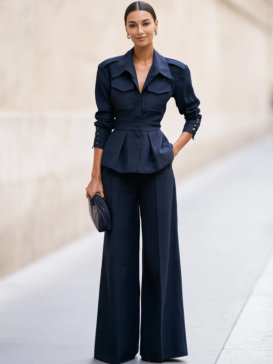 Tailored Peplum Blazer & Wide-Leg Pants Two-Piece Set sold by Mooyius product image thumbnail 2