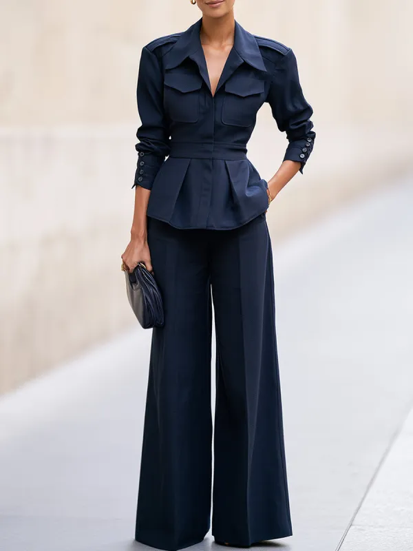 Tailored Peplum Blazer & Wide-Leg Pants Two-Piece Set made by Mooyius