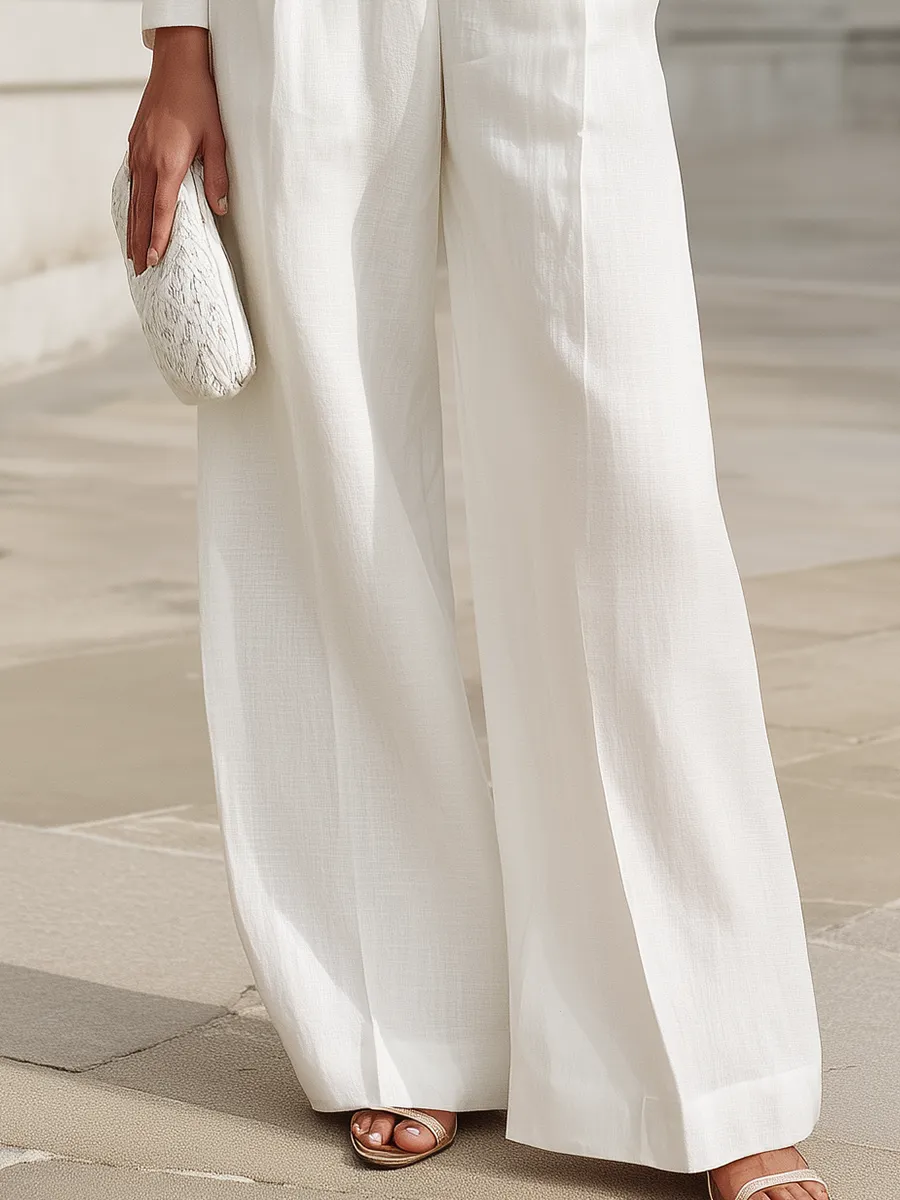 Lace-Paneled Button-Front Tailored Blazer And Wide-Leg Trousers Set sold by Mooyius product image thumbnail 4