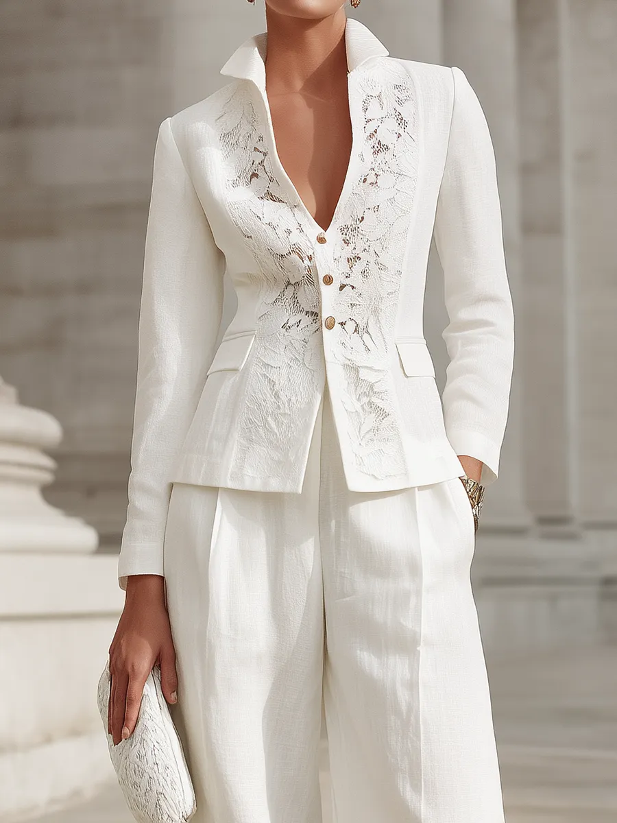 Lace-Paneled Button-Front Tailored Blazer And Wide-Leg Trousers Set sold by Mooyius product image thumbnail 3