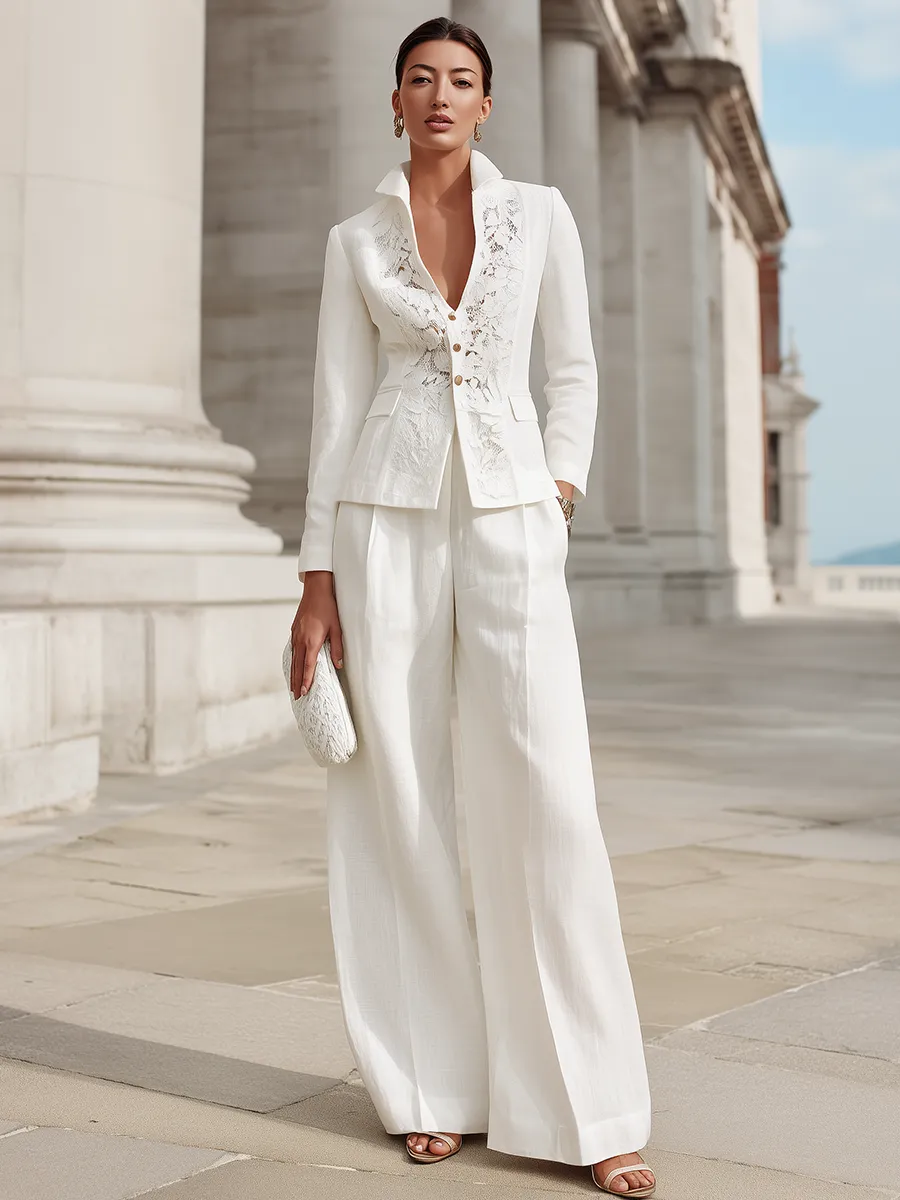 Lace-Paneled Button-Front Tailored Blazer And Wide-Leg Trousers Set sold by Mooyius product image thumbnail 2