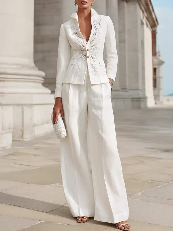 Lace-Paneled Button-Front Tailored Blazer And Wide-Leg Trousers Set made by Mooyius