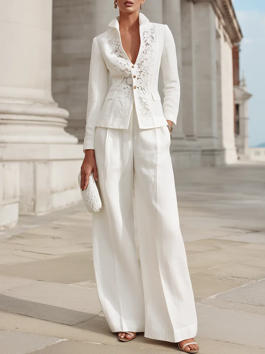 Lace-Paneled Button-Front Tailored Blazer And Wide-Leg Trousers Set sold by Mooyius