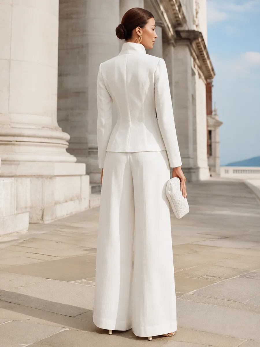 Lace-Paneled Button-Front Tailored Blazer And Wide-Leg Trousers Set sold by Mooyius product image thumbnail 5