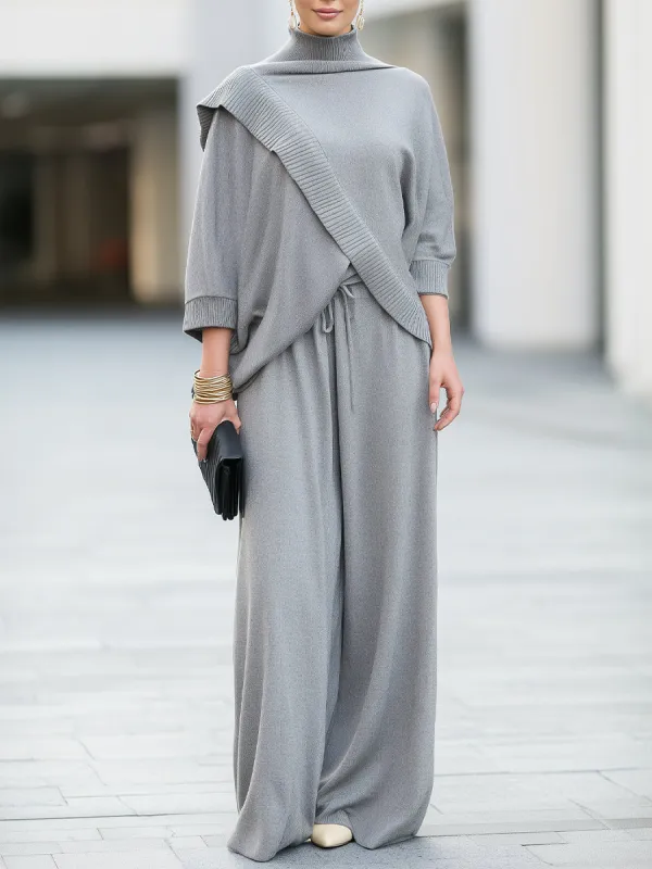 Cowl Neck Batwing Sleeve Knit Top With Wide Leg Pants Set made by Mooyius