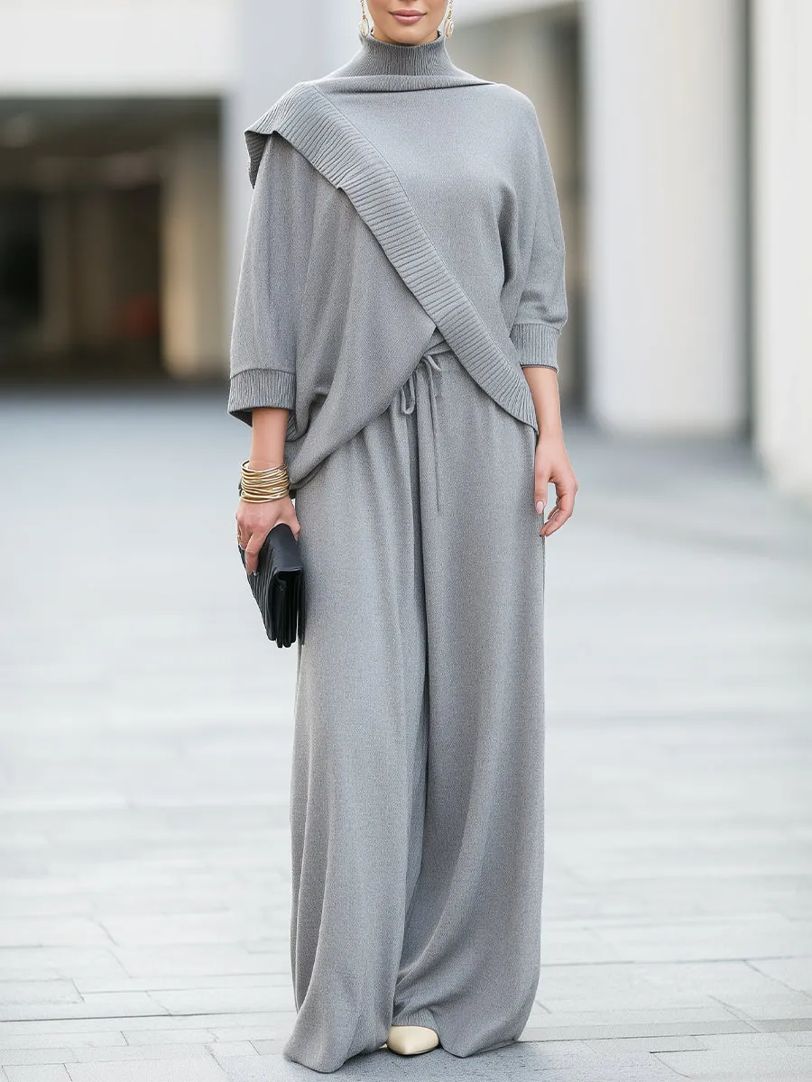 Cowl Neck Batwing Sleeve Knit Top With Wide Leg Pants Set sold by Mooyius