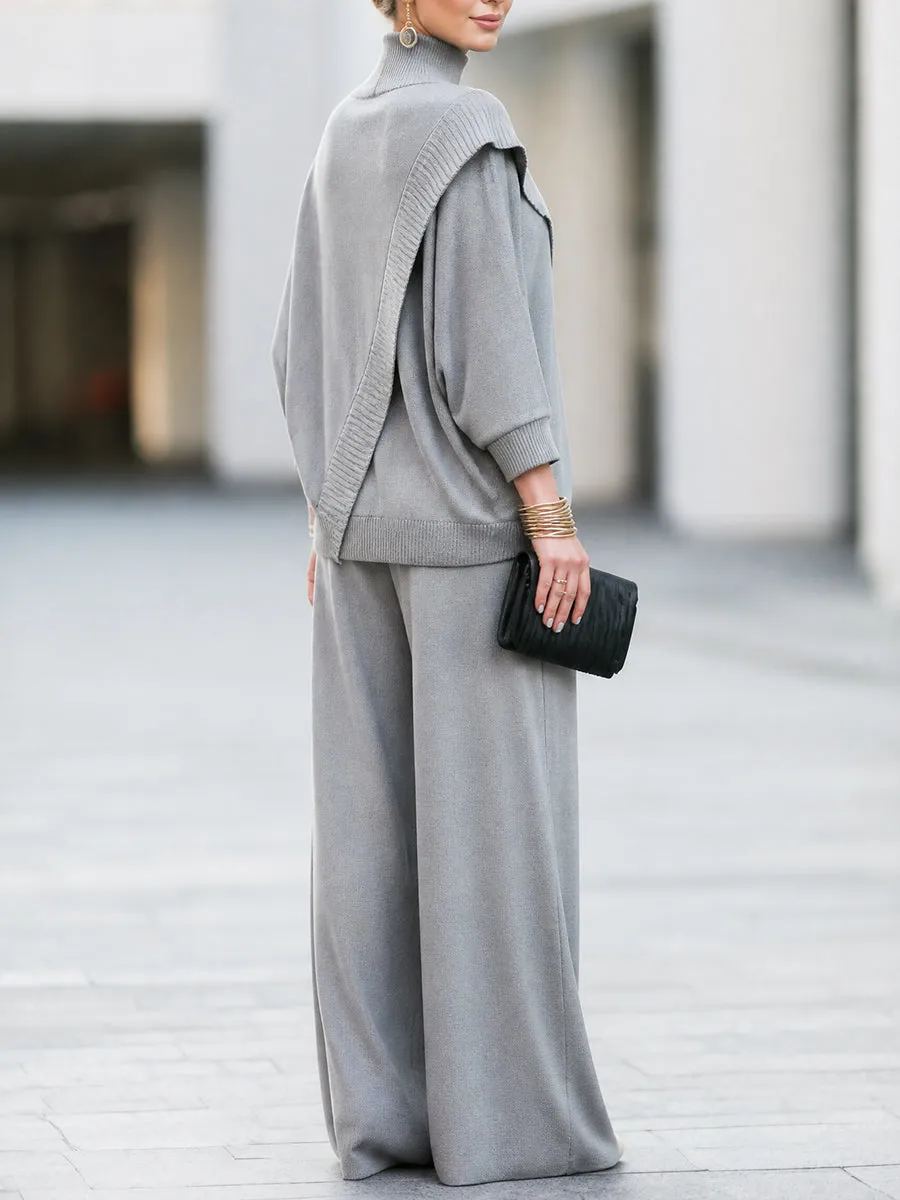Cowl Neck Batwing Sleeve Knit Top With Wide Leg Pants Set sold by Mooyius product image thumbnail 3