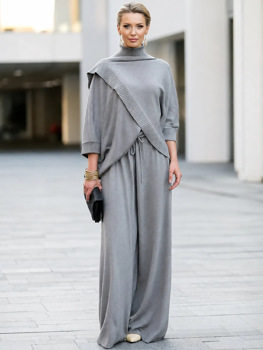 Cowl Neck Batwing Sleeve Knit Top With Wide Leg Pants Set sold by Mooyius product image thumbnail 2