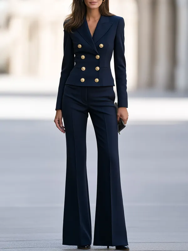 Elegant Double-Breasted Blazer And Flared Pants Set made by Mooyius