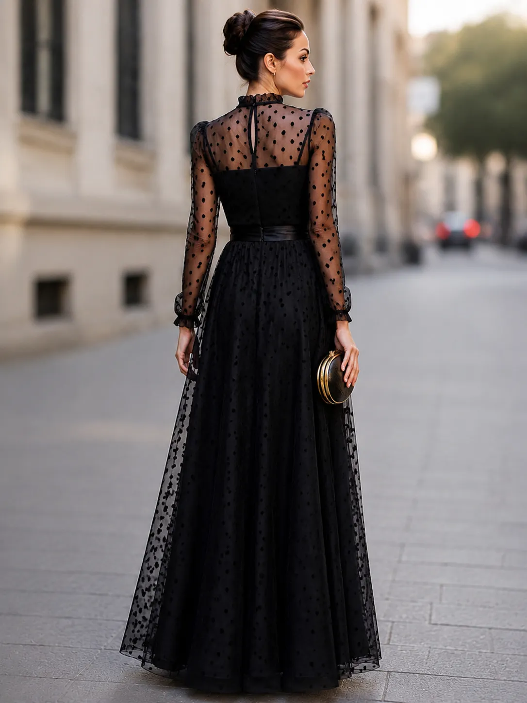 Elegant Polka Dot Mesh Long Sleeve Maxi Dress sold by Mooyius product image thumbnail 2