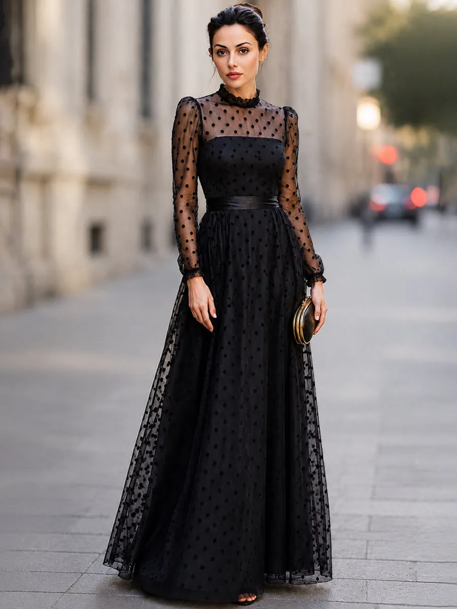 Elegant Polka Dot Mesh Long Sleeve Maxi Dress sold by Mooyius product image thumbnail 3