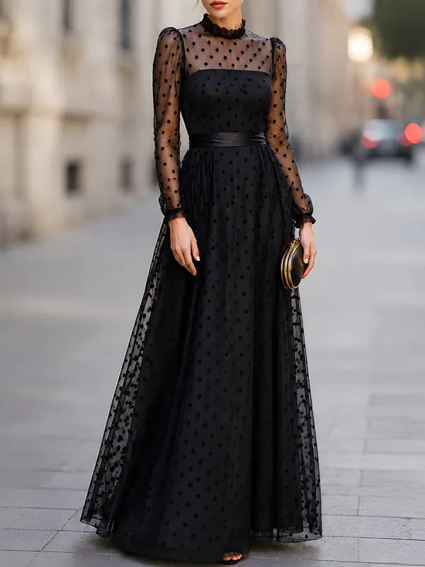 Elegant Polka Dot Mesh Long Sleeve Maxi Dress made by Mooyius