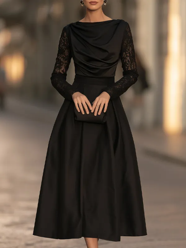 Elegant Draped Cowl Neck Satin Lace Sleeves Midi Dress made by Mooyius
