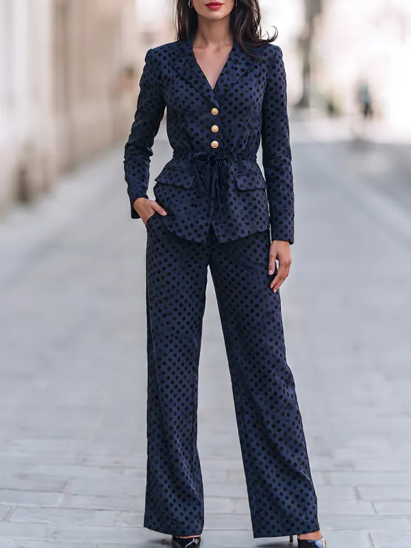 Polka Dot Drawstring Waist Blazer & Wide Leg Pants Two Piece Suit made by Mooyius