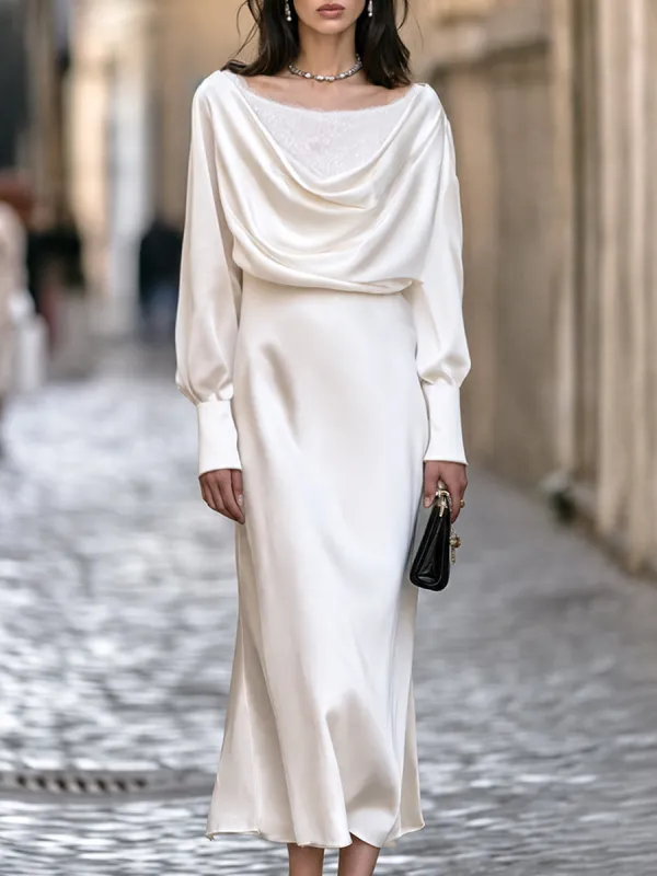 Elegant Draped Satin Cowl Neck Panel Lace Maxi Dress made by Mooyius