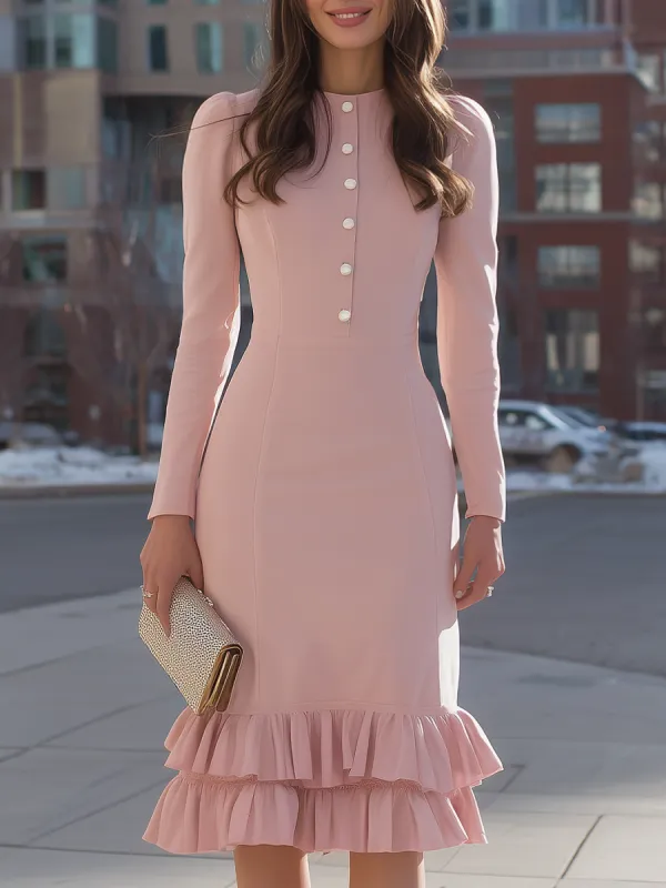 Button-Front Ruffle-Hem Pencil Midi Dress made by Mooyius