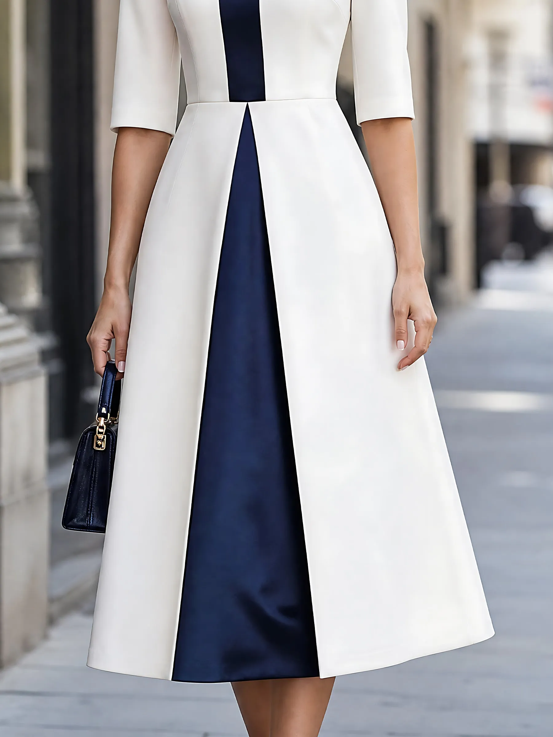 Satin-Panel Stand-Collar Midi Dress sold by Mooyius product image thumbnail 4